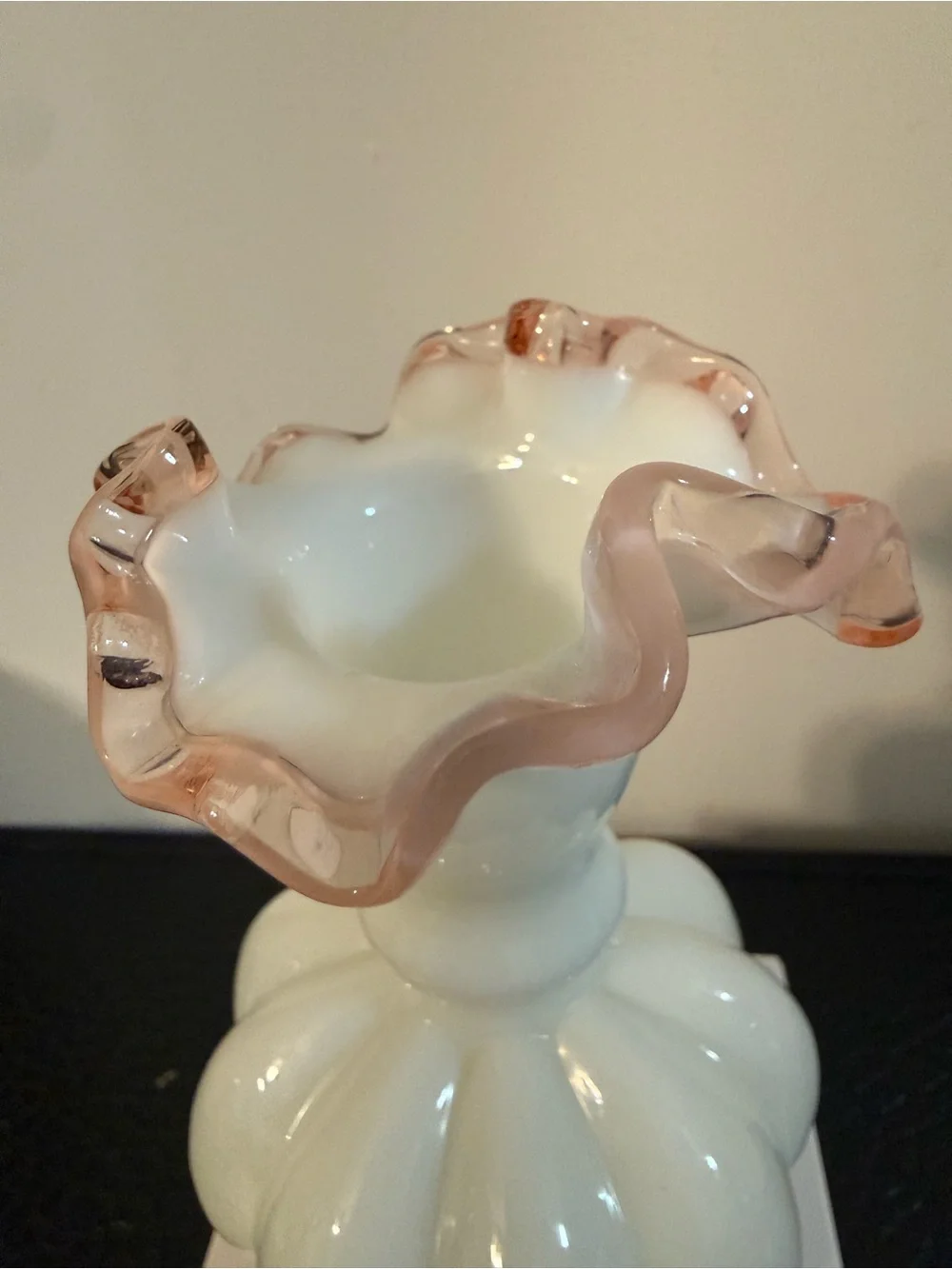 Siver crest Fenton White Milk Glass Vase Pink Interior Ruffled Edge